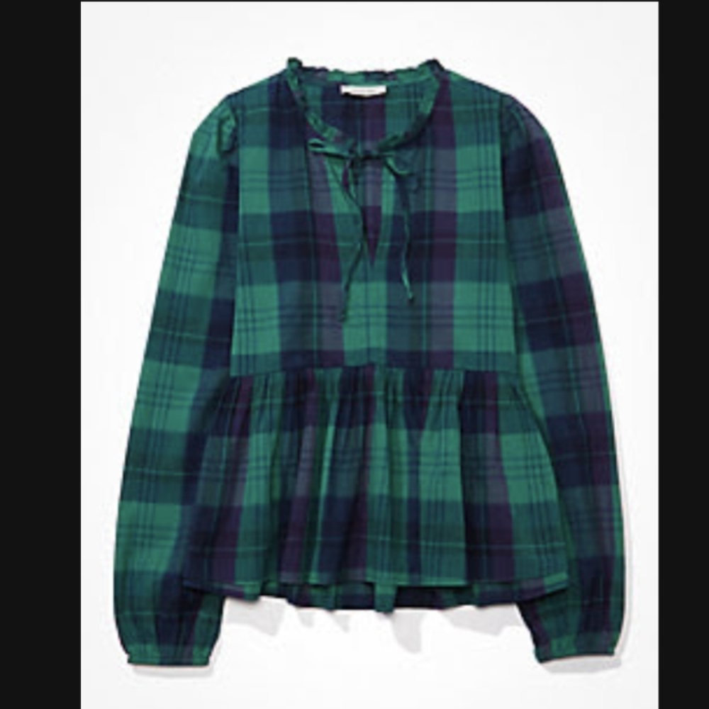 Long sleeve plaid peplum blouse